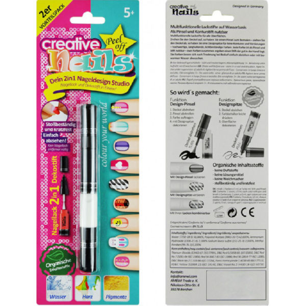 Дитячий лак-олівець для нігтів Creative Nails на водній основі (2 кольори чёрній + білий)