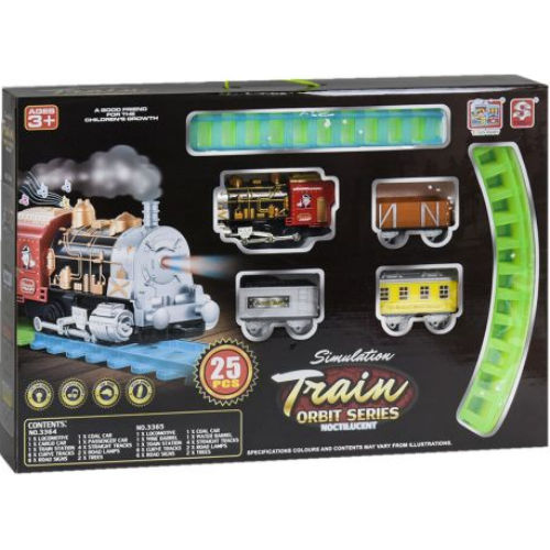 Железная дорога, поезд со звуком, светом прожектора и дымом, 25 деталейв коробке 3364