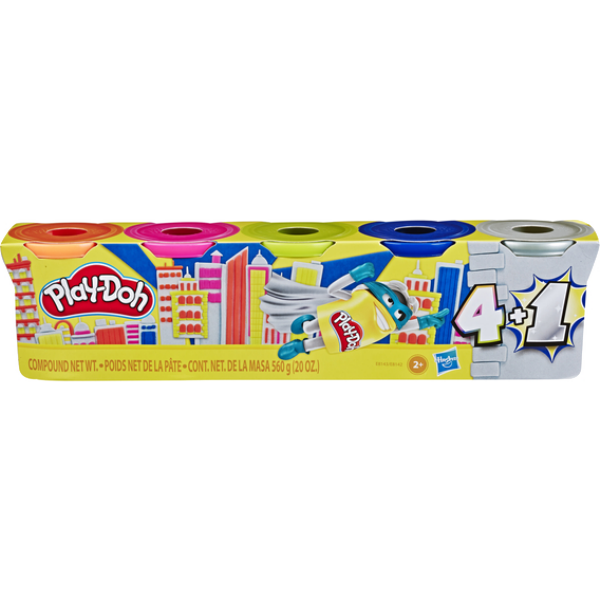 Play-Doh Супер набір з 5 баночок, (помаранчевий, рожевий, лимонний, синій, срібло) E8142_E8143