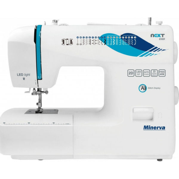 Швейная машина МINERVA NEXT 232D, электромех., 85 Вт, 23 швейные операции, LED, бело-синяя