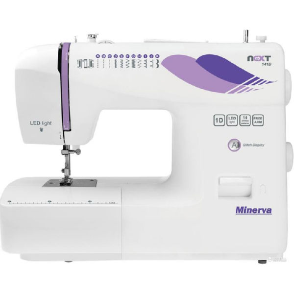 Швейная машина MINERVA Next 141D, электромех., 85 Вт, 14 швейных операций, LED, бело-фиолетовая